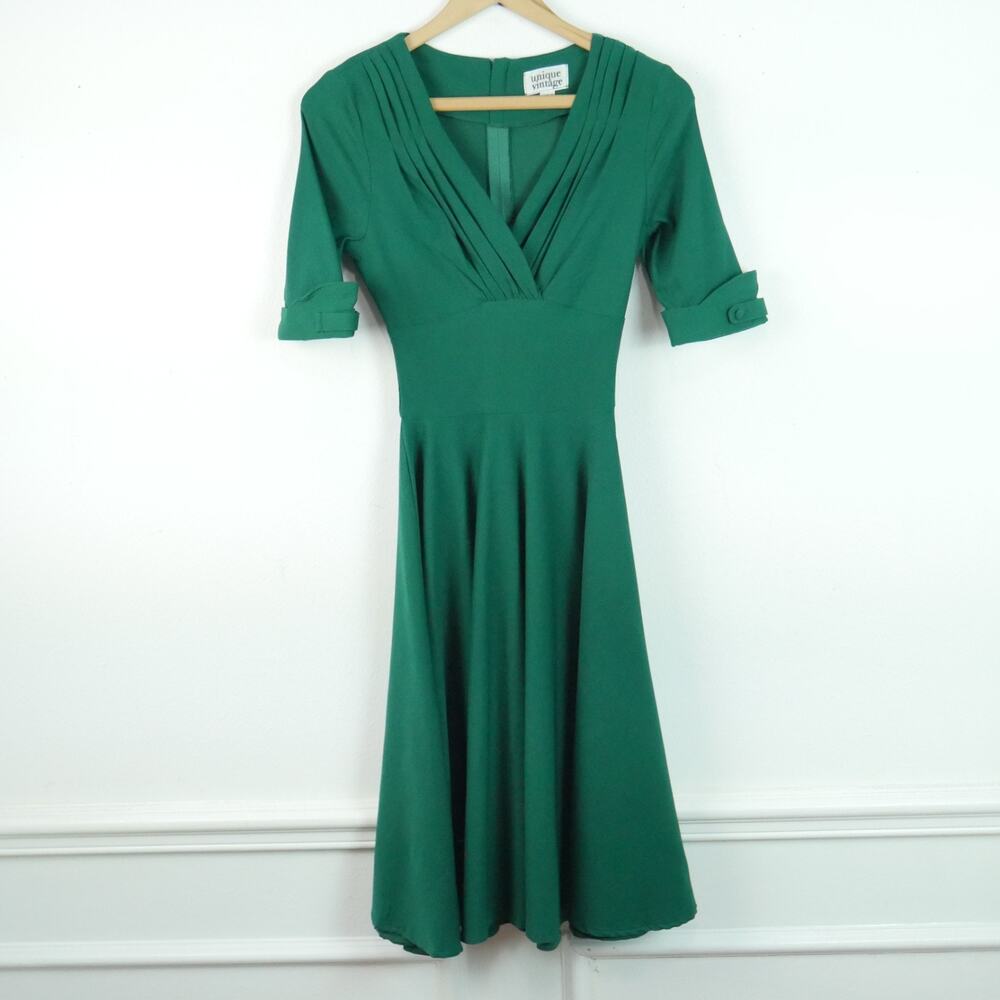 Unique Vintage XS‎ Dress Green Fit Flare Rockabilly Retro Pinup Midi Classic